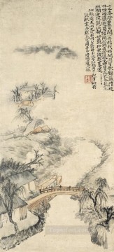 Orilla del río Shitao bajo la lluvia tinta china antigua Pinturas al óleo